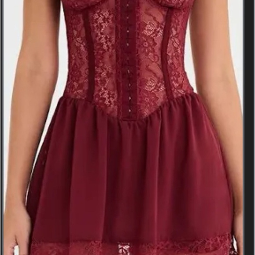 Mistress Rocks Lace Mini Dress in Red Currant - S Plus Cup